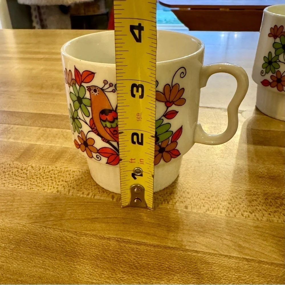 Vintage Japan Bird Floral Stackable Mugs Retro 2 Finger Handle Set Of 3